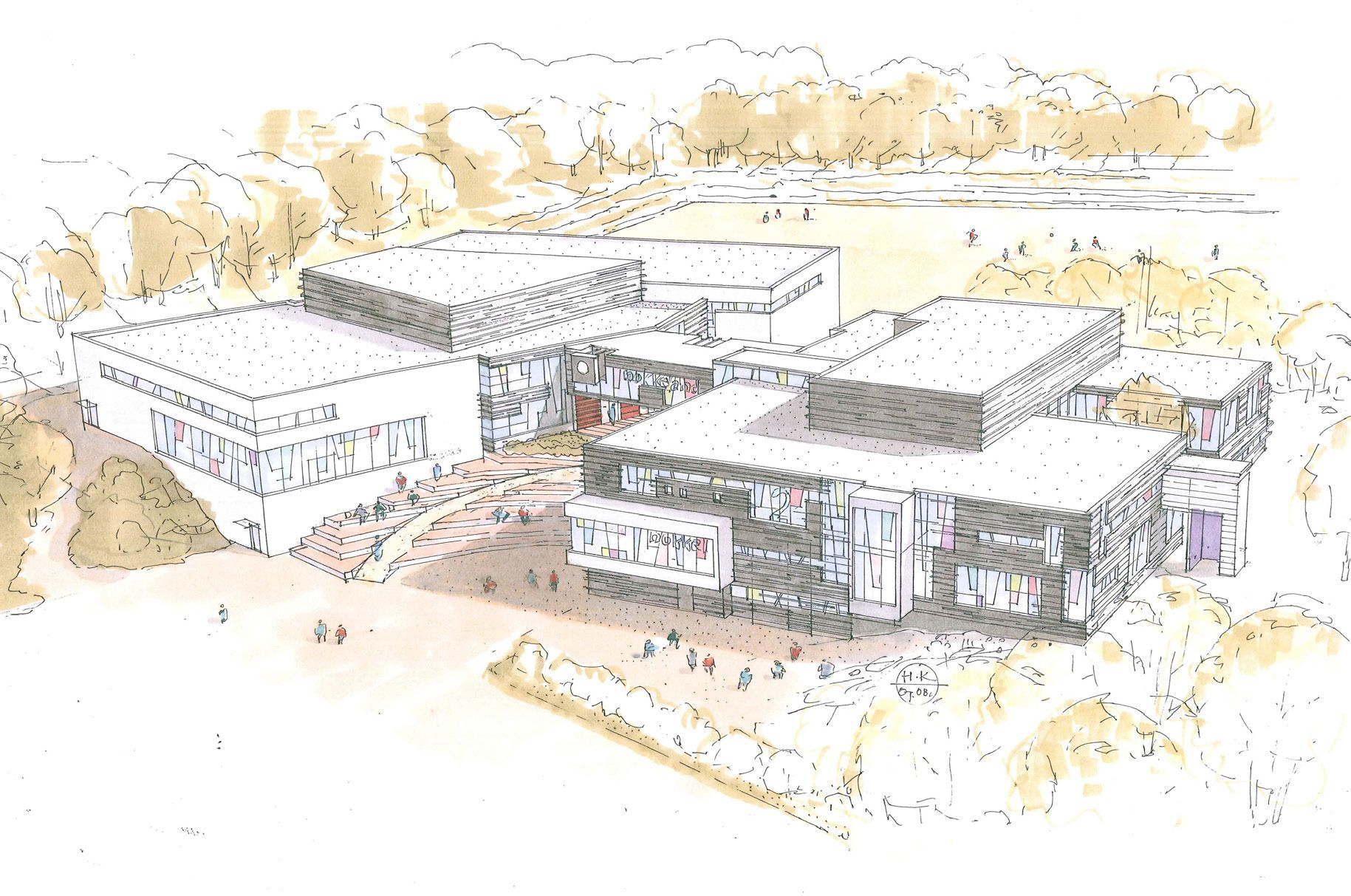 Håndtegning illustrasjon eksteriør Nøkkeland skole