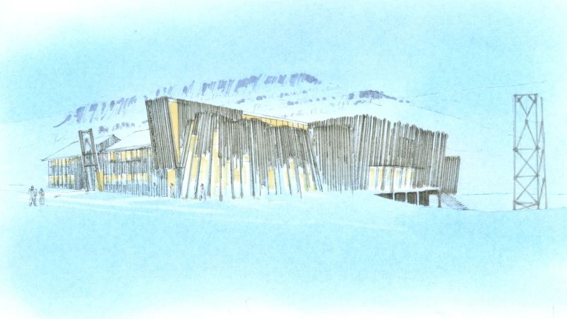  Håndtegnet illustrasjon av forslag til Svalbard kulturhus